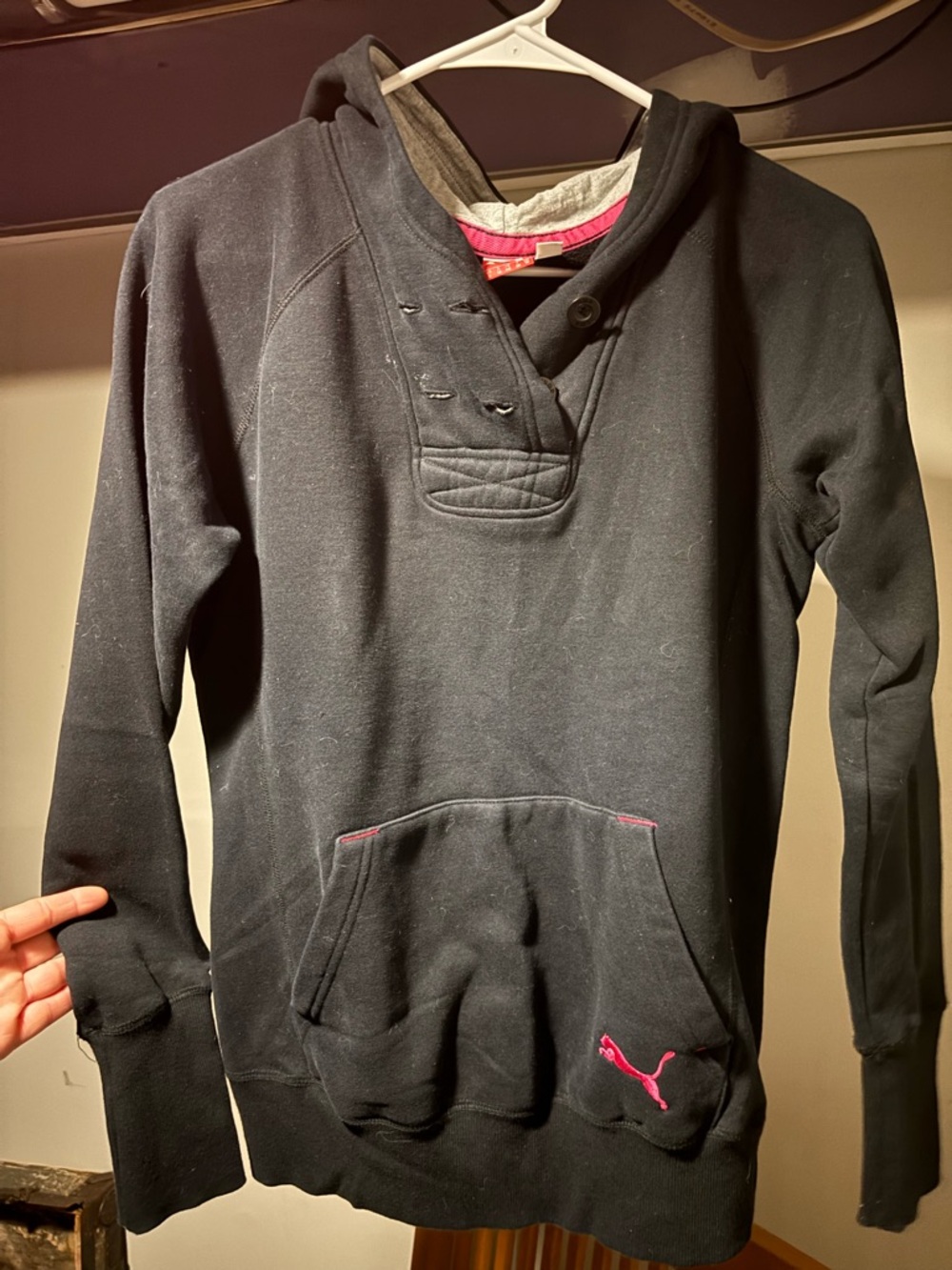 Puma Black Crewneck Hoodie Sweater with Pink Logo Accent